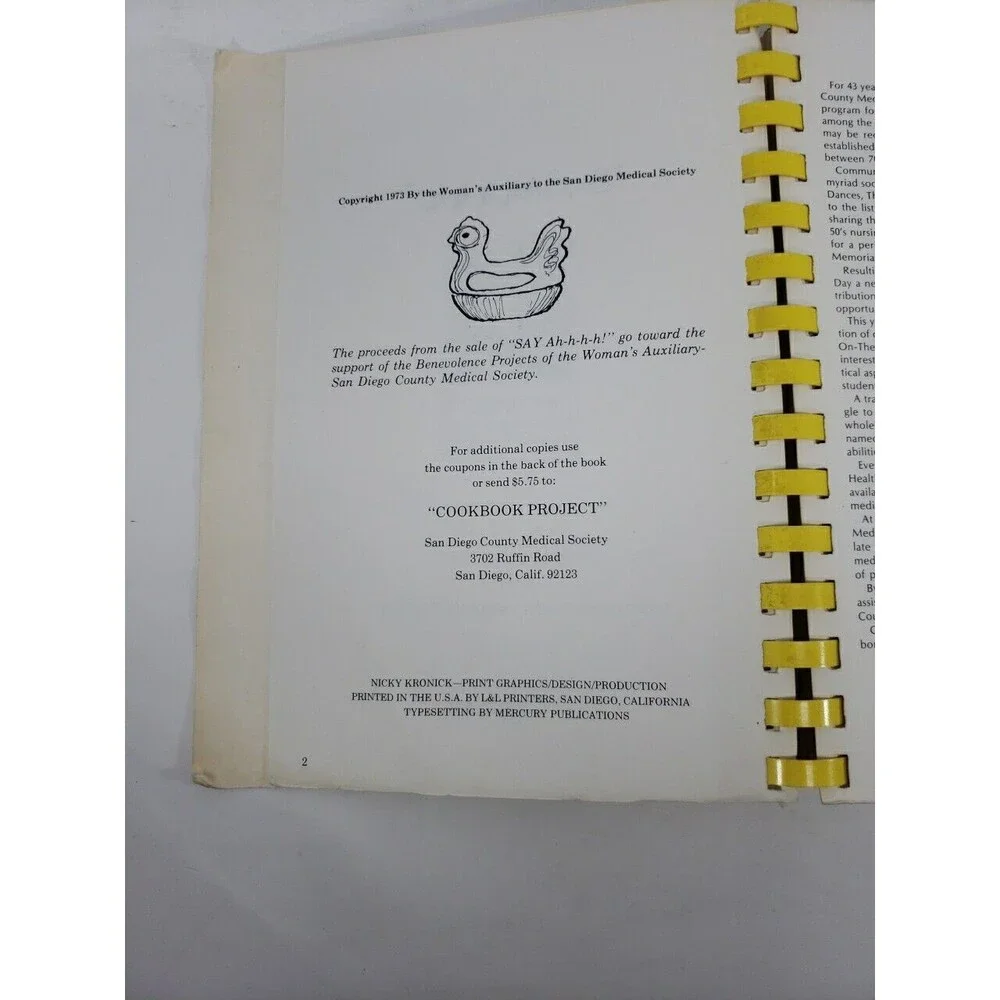 Women's Auxiliary San Diego Medical Society Say Ah-h-h-h Cookbook Vintage 1973
